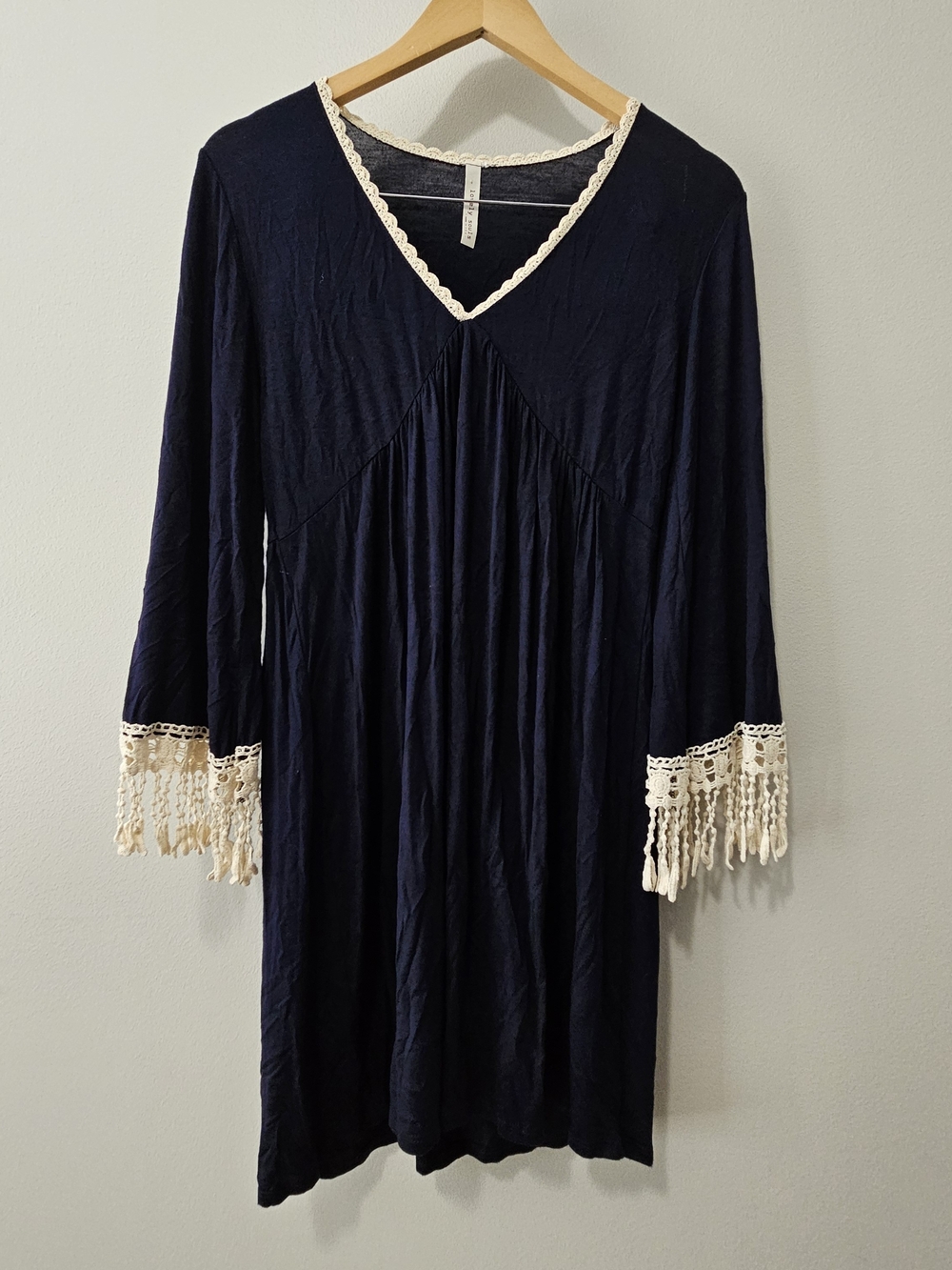 Navy Long-Sleeve V-Neck Dress with Crochet Fringe Trim
